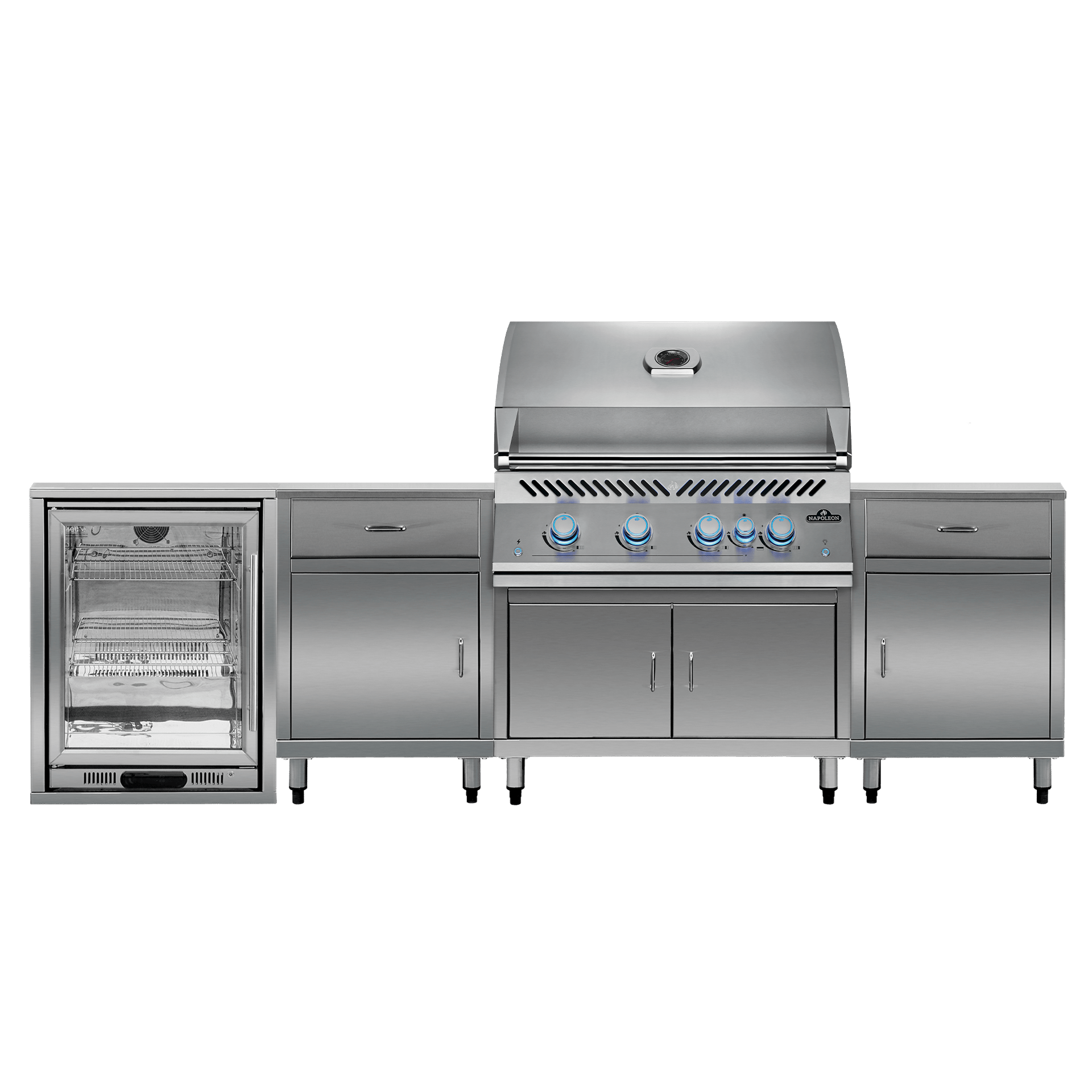 Stainless steel outdoor kitchen grill and refrigerator set on a green background