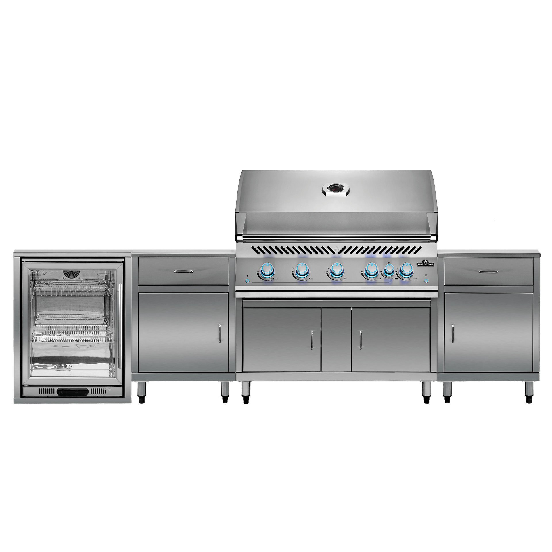 Stainless steel outdoor kitchen grill and refrigerator set on a white background