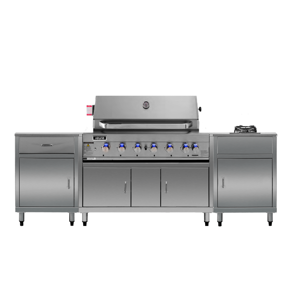 Stainless steel barbecue grill with multiple burners on a white background