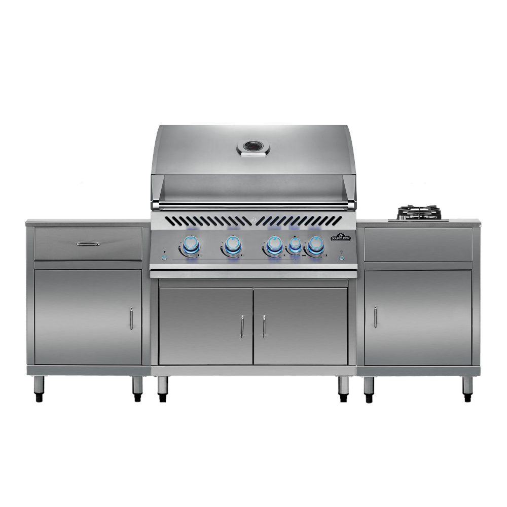 A modular outdoor kitchen cabinet set featuring a stainless steel Napoleon BIG32 BBQ and side burner with Australian made handcrafted stainless steel cabinets on legs