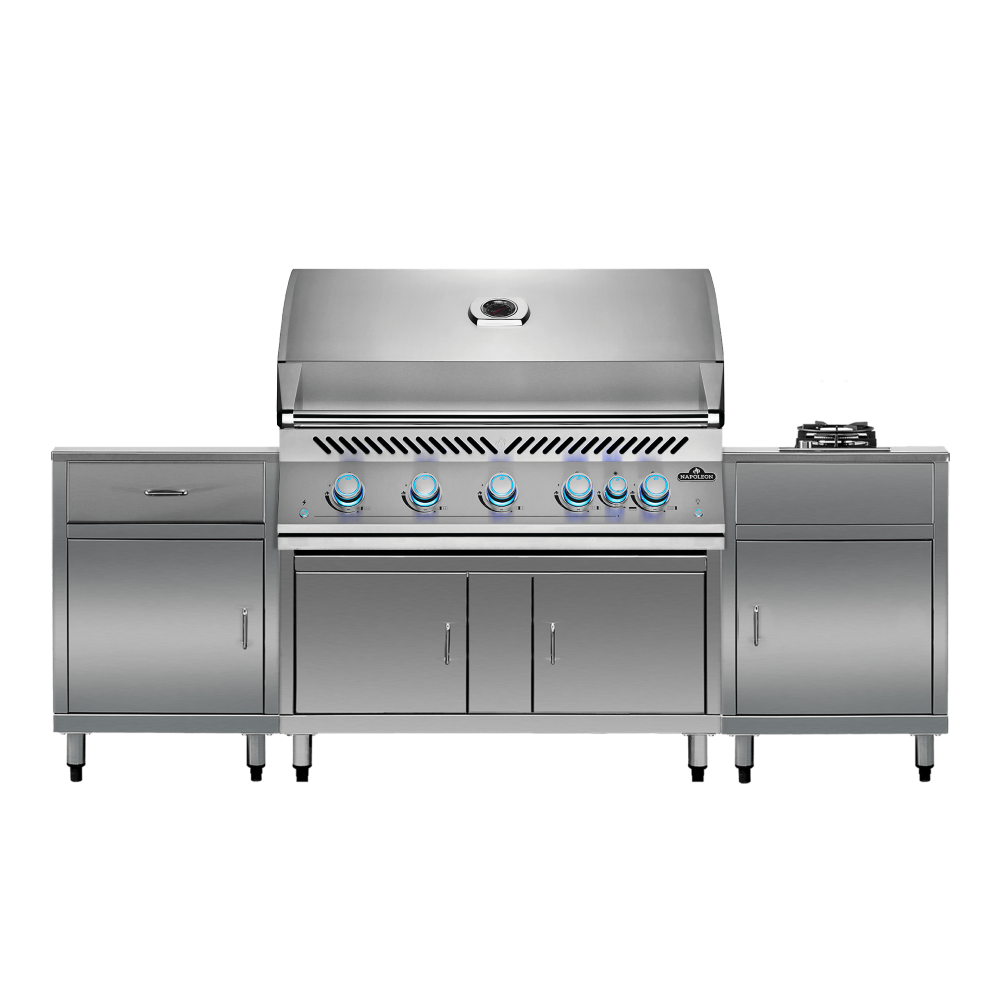 A modular outdoor kitchen cabinet set featuring a stainless steel Napoleopn BIG38 BBQ and side burner with Australian made handcrafted stainless steel cabinets on legs
