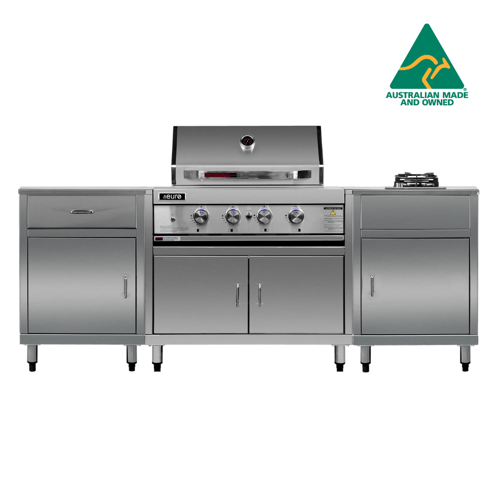 A modular outdoor kitchen cabinet set featuring a stainless steel Euro BBQ and side burner with Australian made handcrafted stainless steel cabinets on legs