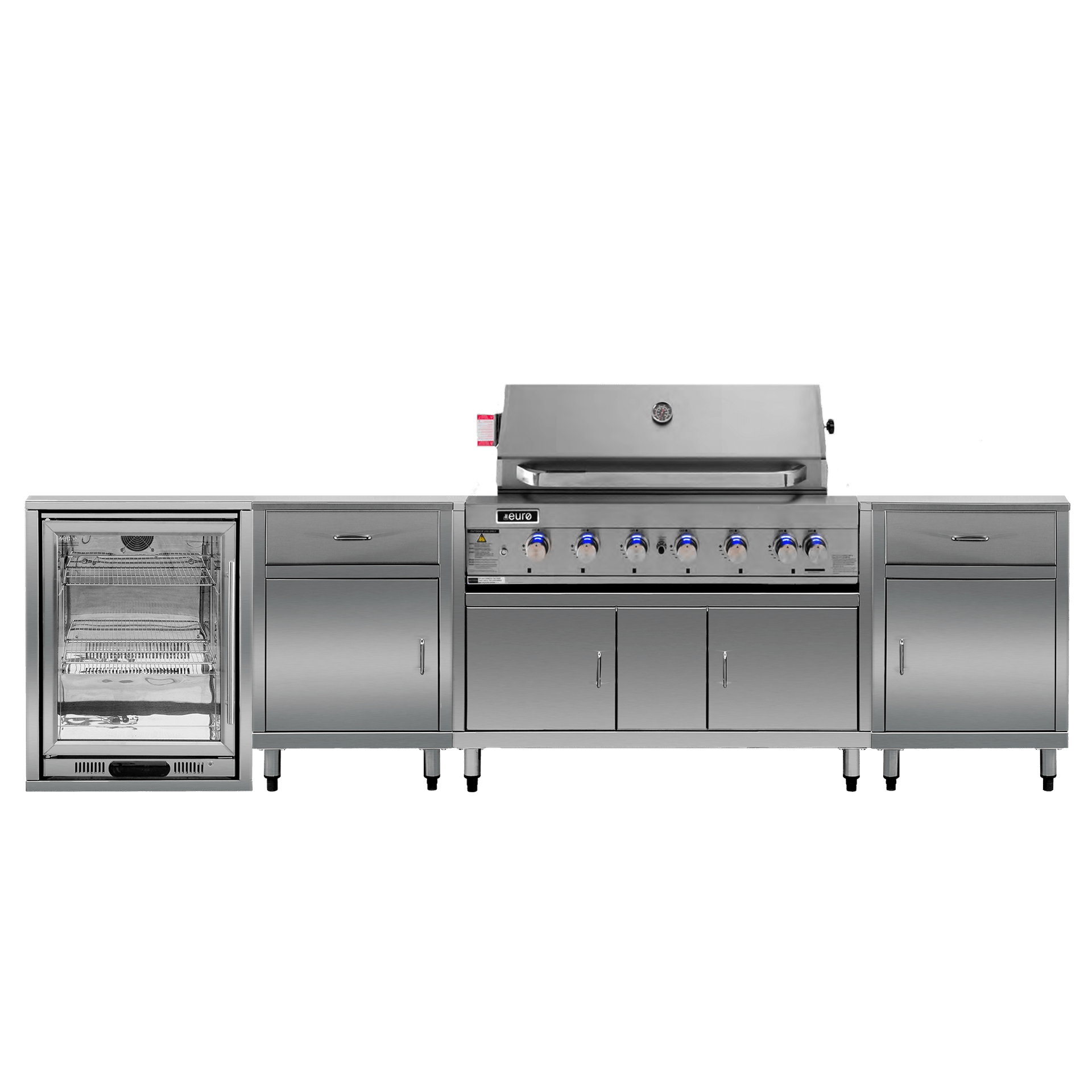 Stainless steel outdoor kitchen with grill and refrigerator on a white background